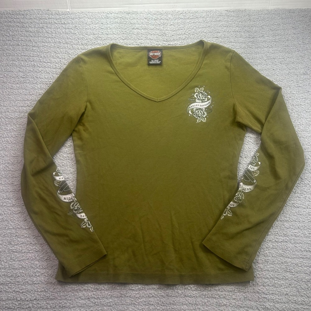 Vintage Harley Davidson Long Sleeve V-Neck Rose Graphic Olive Green Size L Y2K